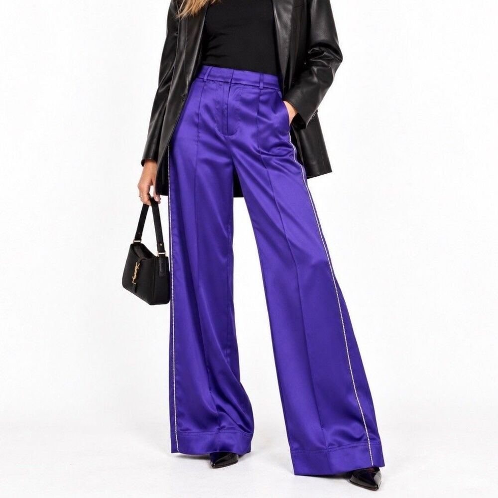 NEW House of Harlow 1960 Purple Satin Wide Leg Pants Rhinestone Diamante Trim S